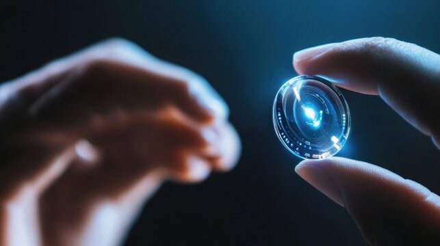 Futuristic contact lens held between fingers showcases advanced technology