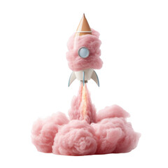 Rocket launch with pink fluffy clouds isolated on transparent background.