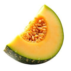 Fresh slice of cantaloupe with seeds and water droplets isolated on transparent background