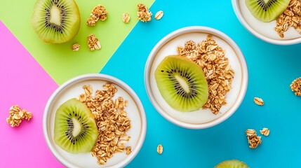 Bright and vibrant bowls of yogurt topped with kiwi and granola offer a delicious and healthy breakfast option.