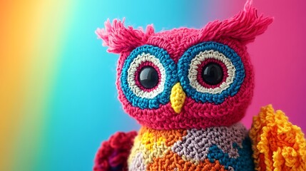 Charming crocheted owl adorns a bright rainbow backdrop, bringing a touch of whimsy and handmade charm to any design