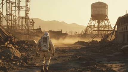 Astronaut exploring desolate post apocalyptic landscape