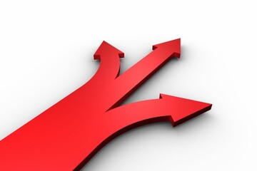Red arrow is branching into three arrows in conceptual 3D render on white background, copy space