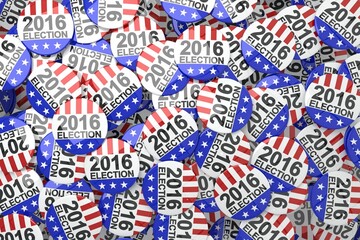 Flat style scattering of 2016 election buttons on flat surface, showing red stripes and blue stars