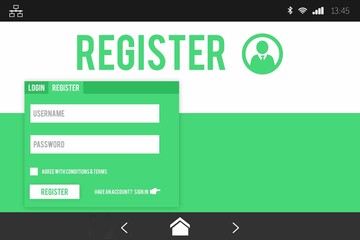 Displaying registration interface on smartphone with flat design green panel, form fields, icons