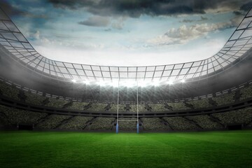 Rugby goal posts are standing in flat design stadium with blue padding, tiered seating, floodlights © vectorfusionart