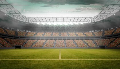 flat arena is showing green pitch centerline seating tiers curved roof floodlights under cloudy sky