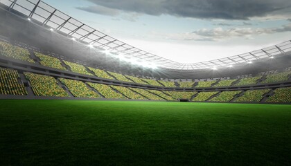 Flat design soccer stadium is showcasing grass pitch and tiered seating under floodlit arched roof