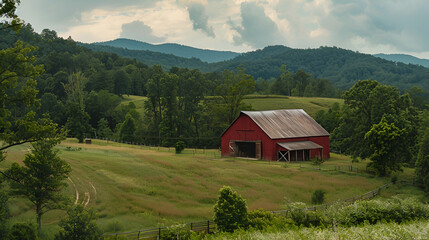 A red barn stands in a lush green field surrounded by trees and distant mountains under a cloudy sky