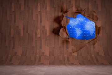Rip on wall showing blue map