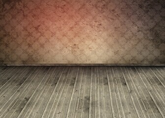 Flat design room interior is featuring distressed wood flooring and vintage wallpaper pattern
