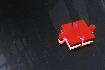 3D render is showing glossy red jigsaw puzzle piece resting on reflective board with faint outlines