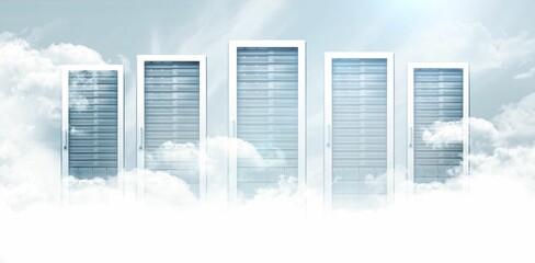 Five server cabinets are floating amid billowy clouds in flat design representing cloud computing