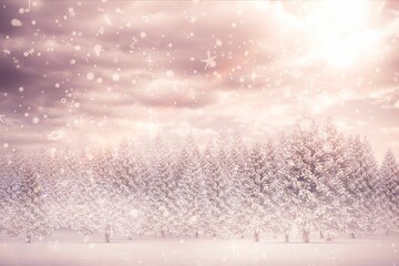 Snow-covered pine trees are standing on field in flat design with falling snowflakes and sparkles