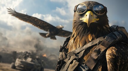 Eagle in aviator goggles war scene