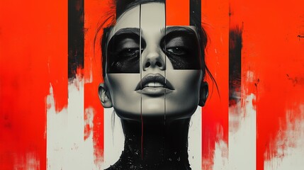 Abstract portrait, woman's face, red and black glitch art.