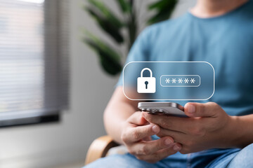 cybersecurity password protection on mobile device. Person holding smartphone with security icon and password input graphic, symbolizing privacy and digital data safety.