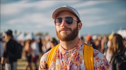 Vibrant coachella music festival of sound and spirit. Sensory carnival unfolds with performances of various genres, from indie rock to electronic beats. Person portrait at Coachella festival.
