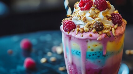 Exquisite rainbow milkshake topped with fresh raspberries, nuts, and whipped cream, perfect for a delicious summer treat.
