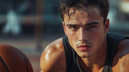 Sweaty young male basketball player portrait, intense gaze.