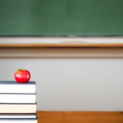 Red apple on pile of books in classroom
