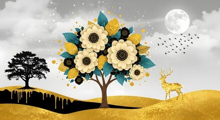 Abstract landscape art with deer, moon, flowers, and trees in gold, black, white and teal colors