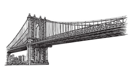 Manhattan Bridge Engraving Vintage Sketch of New York City Suspension Bridge and Landmark in Woodcut Style