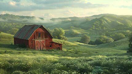 A scenic view of a red barn in a field of white flowers with rolling hills in the background on a sunny day