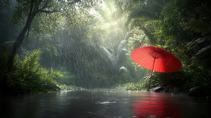 Bright sunlight filters through a rain shower in a lush forest with a red umbrella beside a tranquil stream.