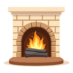 Cozy cartoon fireplace with burning logs and warm flames isolated on transparent background