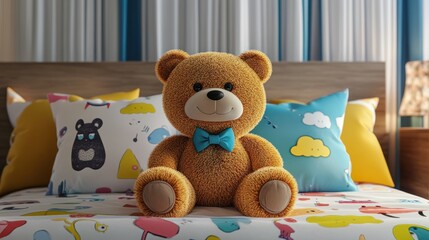 Teddy bear sitting on colorful kids bed