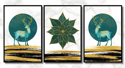 Framed deer art print canvas wall art deer flower art set christmas decor modern artwork