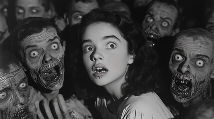 Terrified young woman surrounded by vintage horror zombies.