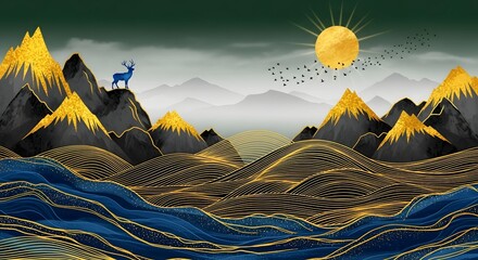 Abstract landscape mountains deer sun birds gold lines nature scenery artistic design art