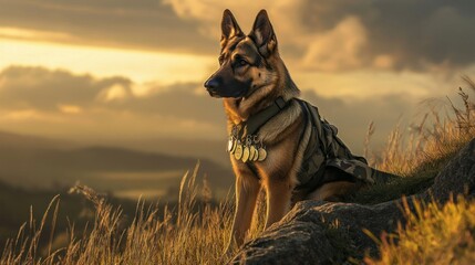 German shepherd dog with medals outdoors