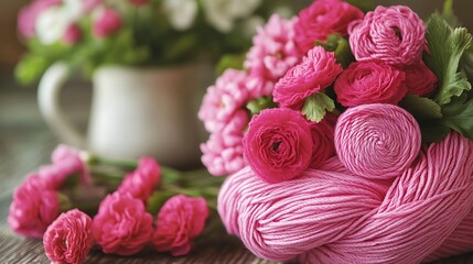 Exquisite pink ranunculus bouquet resting on soft pink yarn, arranged beautifully on a rustic wooden surface, soft light.