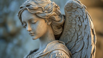 Serene marble angel statue with detailed wings, soft lighting.