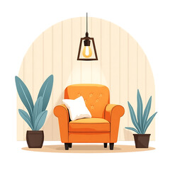 Cozy orange armchair with a white pillow and plants isolated on transparent background