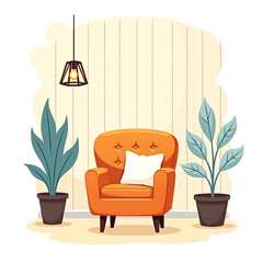 Cozy orange armchair with plants and pendant light isolated on transparent background