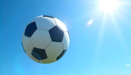Naklejka premium A photo realistic soccer ball, mid-flight against a blue sky.