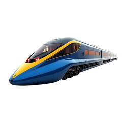 Sleek blue and yellow high speed train isolated on transparent background