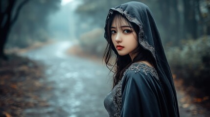 Woman in dark cloak misty forest
