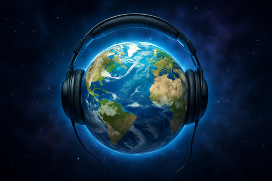 World listening day a striking cosmic representation of earth wearing headphones, emphasizing global connection through sound and communication