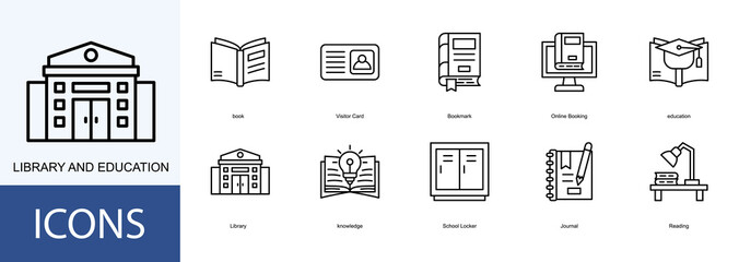 library and education icon collection set. Containing book, Visitor Card, Bookmark, Online Booking, education icon.