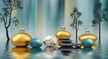 Abstract deer art golden stones nature zen balance trees reflection water background design