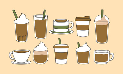 Hand drawn illustration of various coffee drinks in various cups with outline
