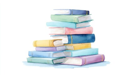 A whimsical stack of pastel colored books evokes the joy of reading and learning watercolor style with soft hues and a