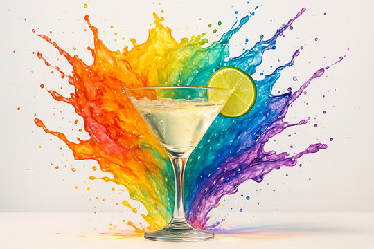 A vibrant rainbow splash surrounds a clear cocktail with a fresh lime slice on a white background national daiquiri day