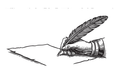 hand holding quill inkfeather pen writing on paper engraving vector illustration