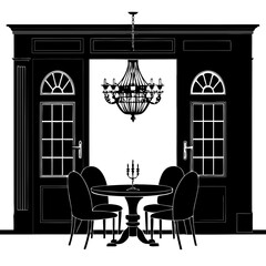Black and White Dining Room Silhouette Elegant Chandelier Table Chairs Doors